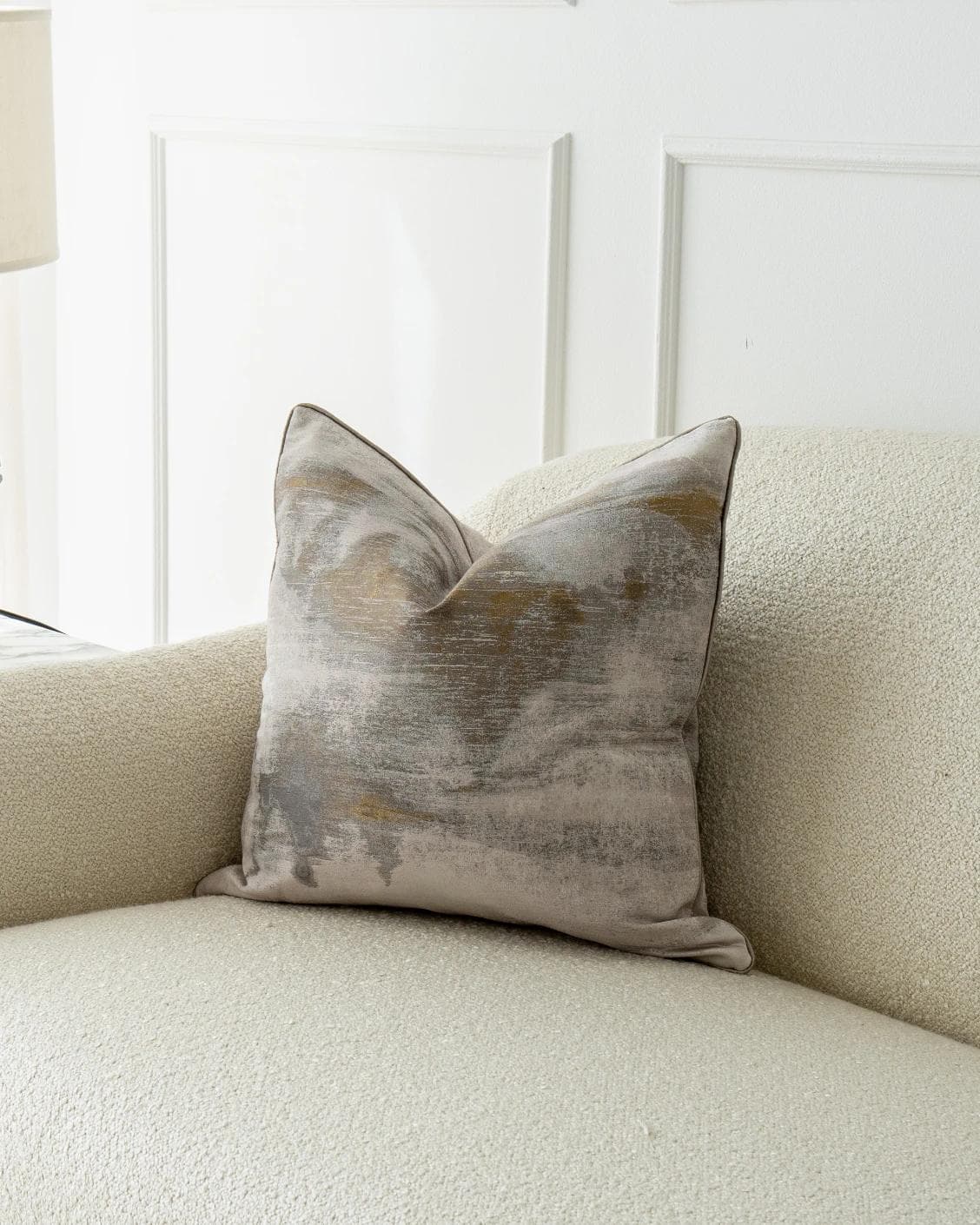 Alma Klimt cushion in yellow and silver, shown in a lifestyle front view as image 2