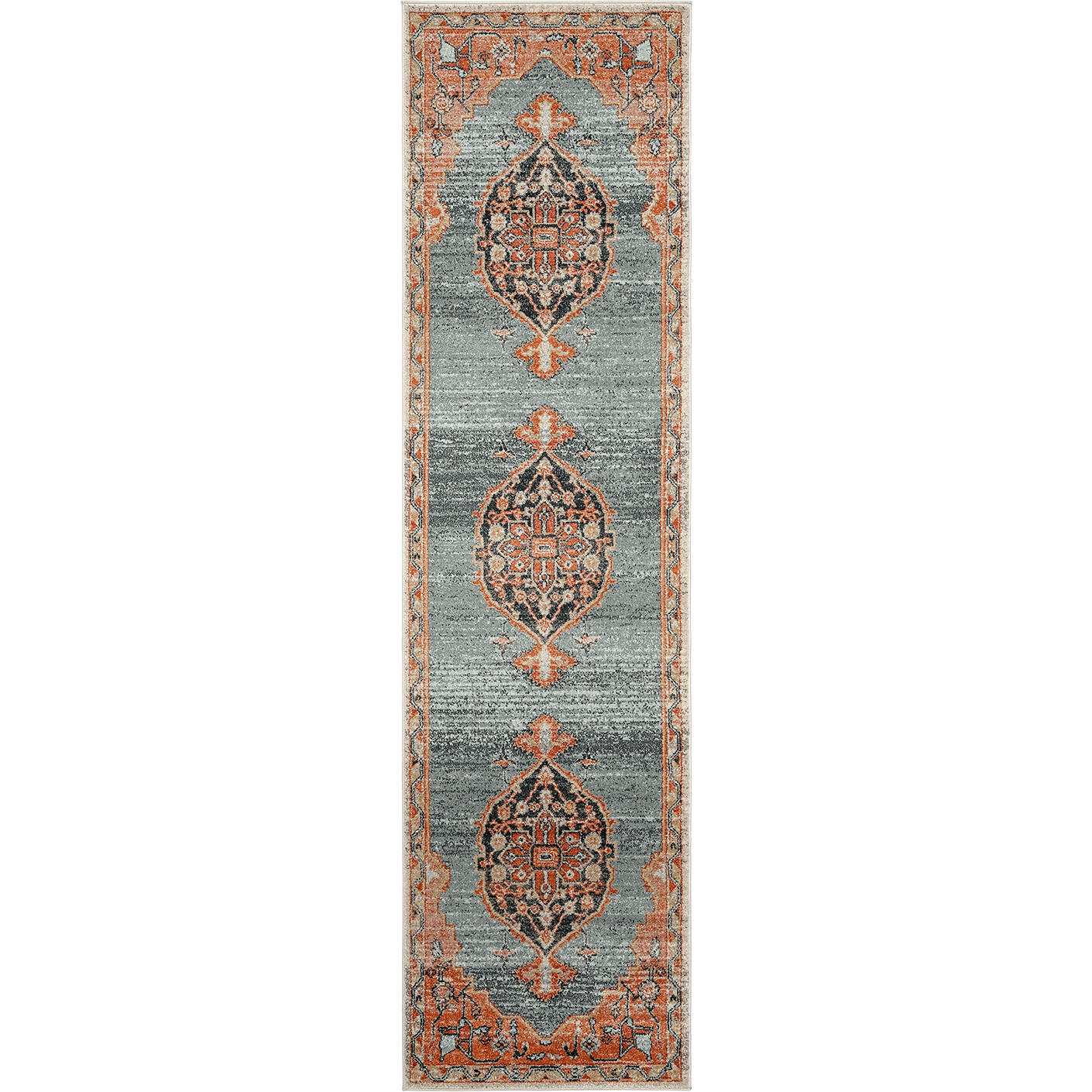 Frank Tiger carpets in blue, orange and multicolour, shown in a product top view as image 1