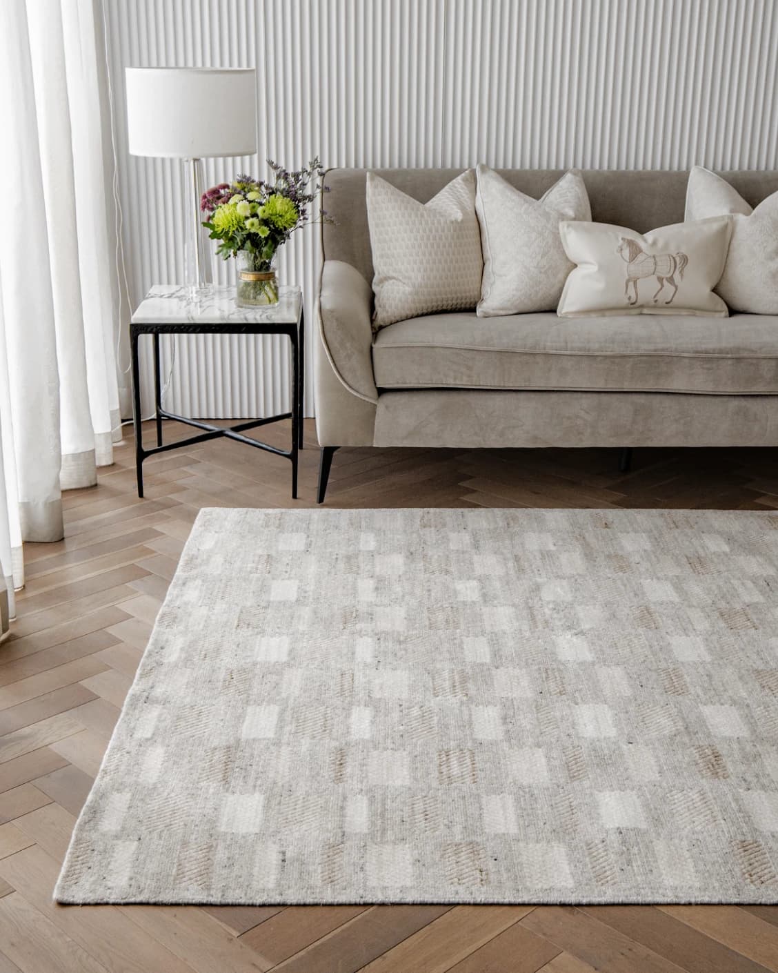 Dante Ashton carpet in grey and beige, shown in a lifestyle front view as image 4