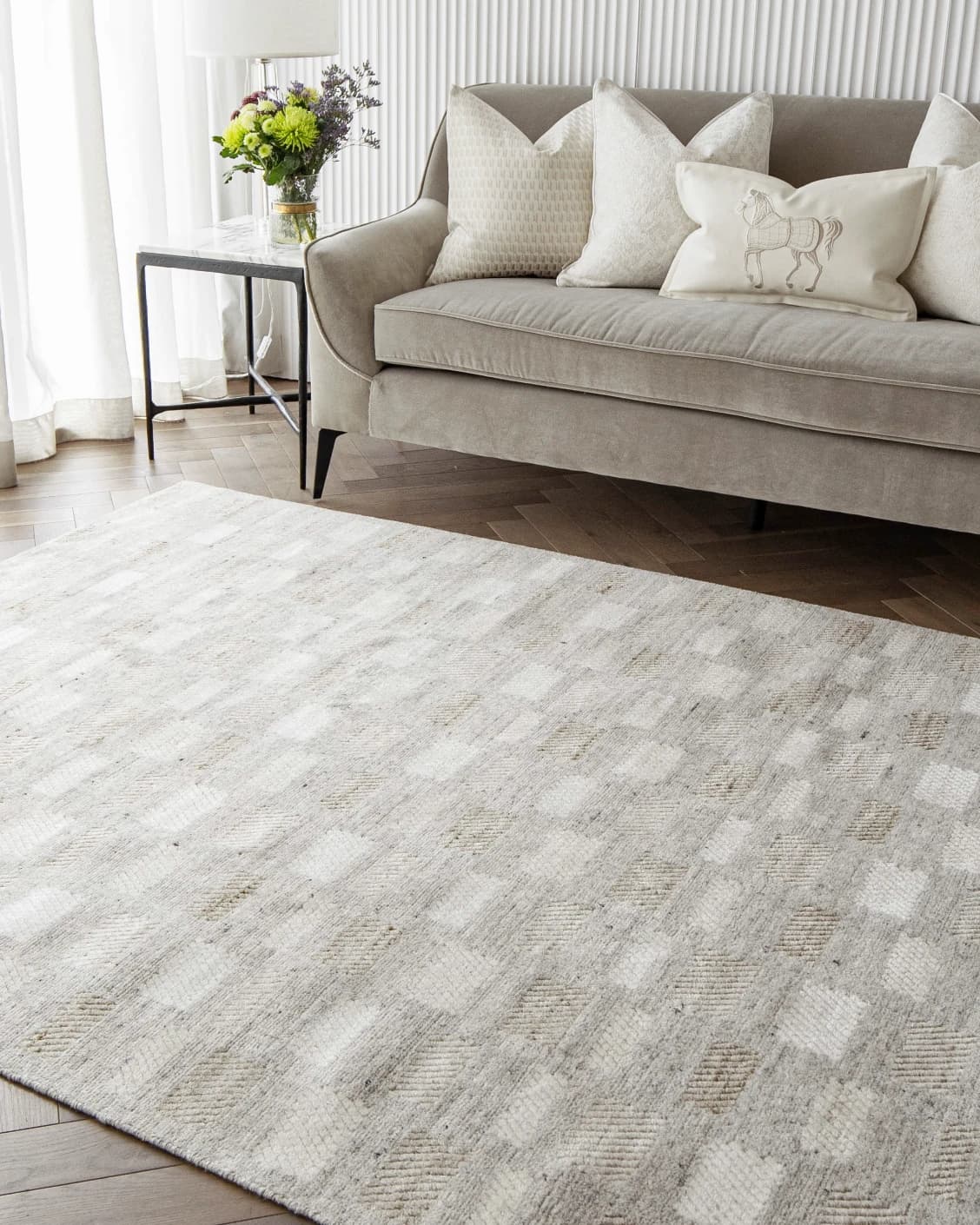 Dante Ashton carpet in grey and beige, shown in a lifestyle right view as image 5