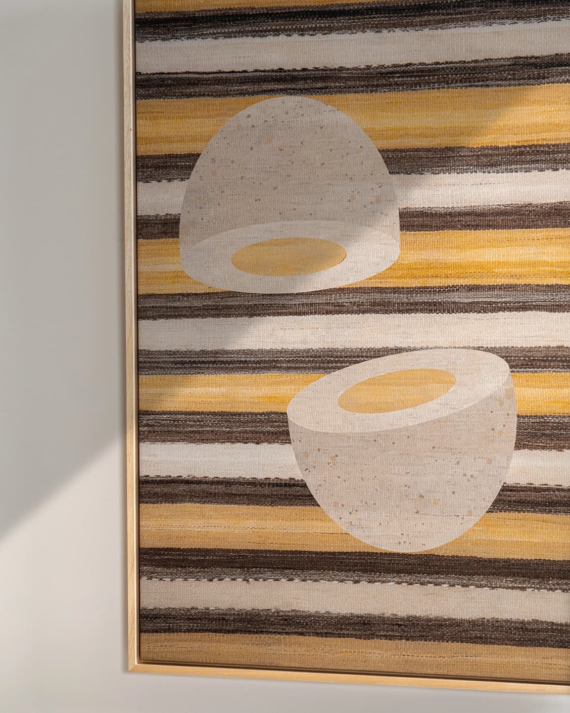 Eggercise canvas in yellow, brown and beige, shown in a lifestyle right view as image 4