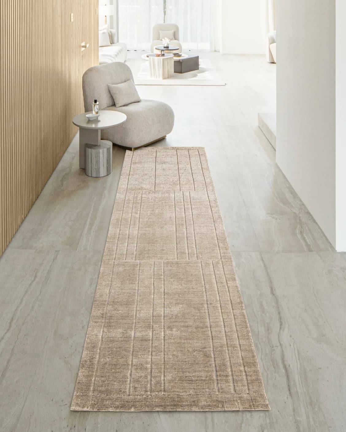 Elliot Sandy Runners carpet in sandy, beige and taupe, shown in a lifestyle front view as image 2