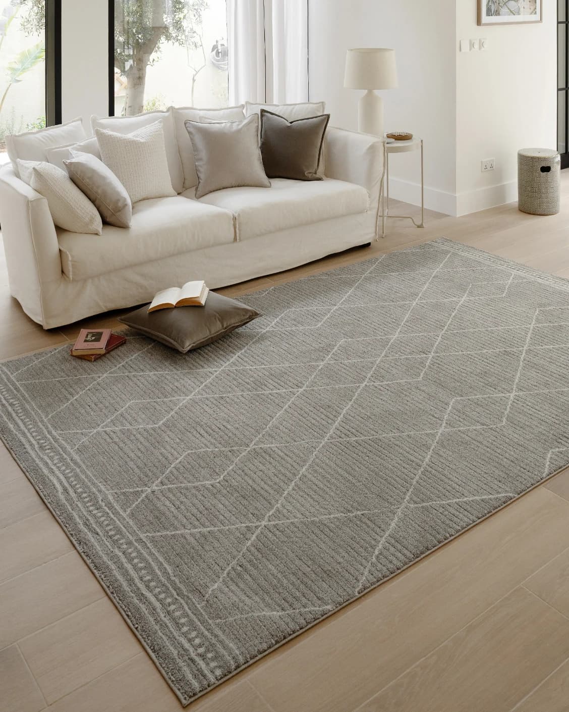 Zen Dune carpet in grey and off white, shown in a lifestyle left view as image 6